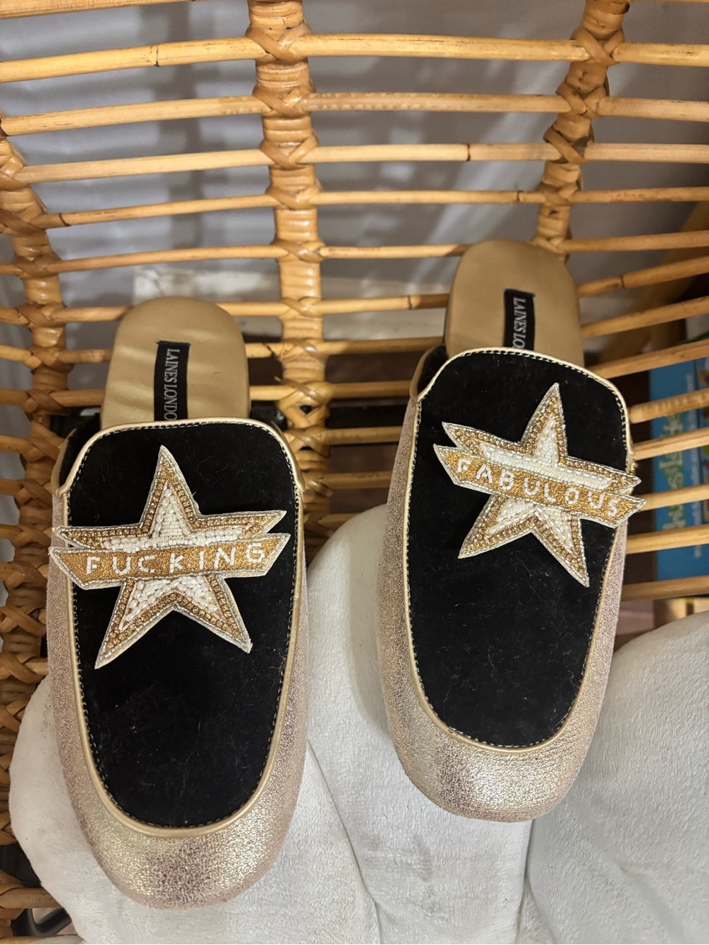 Laines London Gold and Black Embellished Star Slip-On Mules